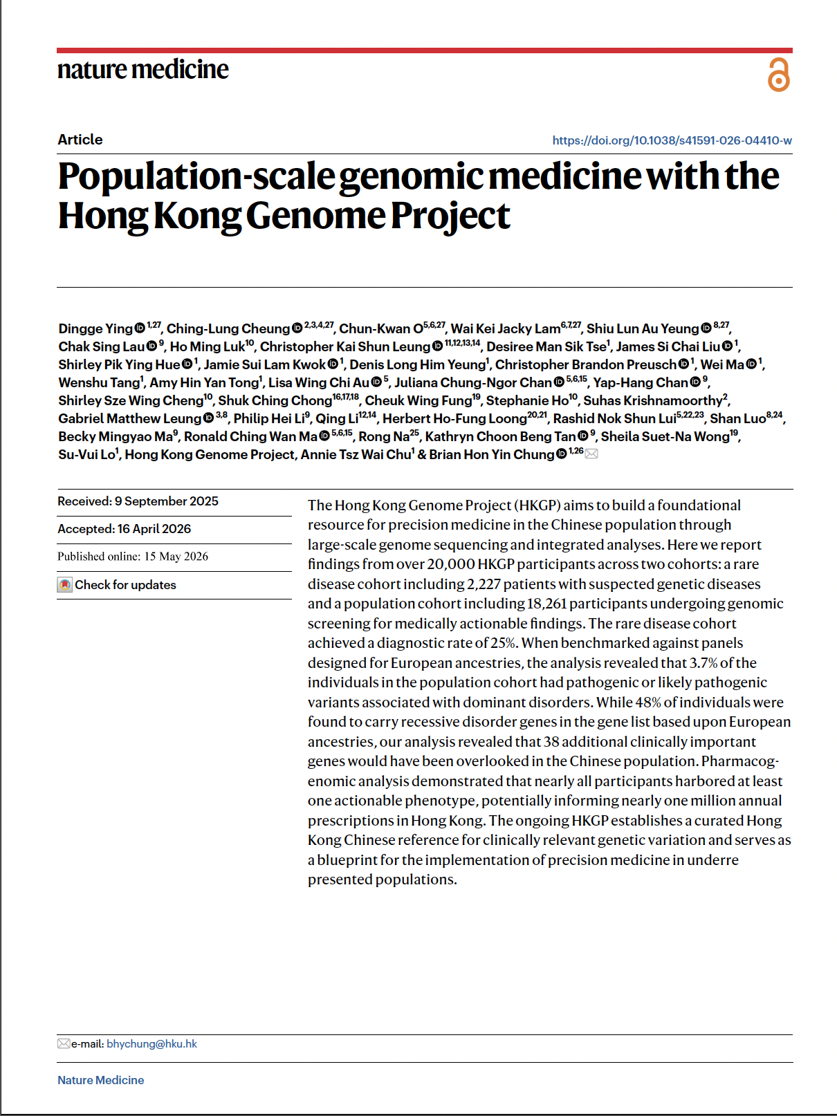 Population-scale genomic medicine with the Hong Kong Genome Project  (请参阅英文版本)